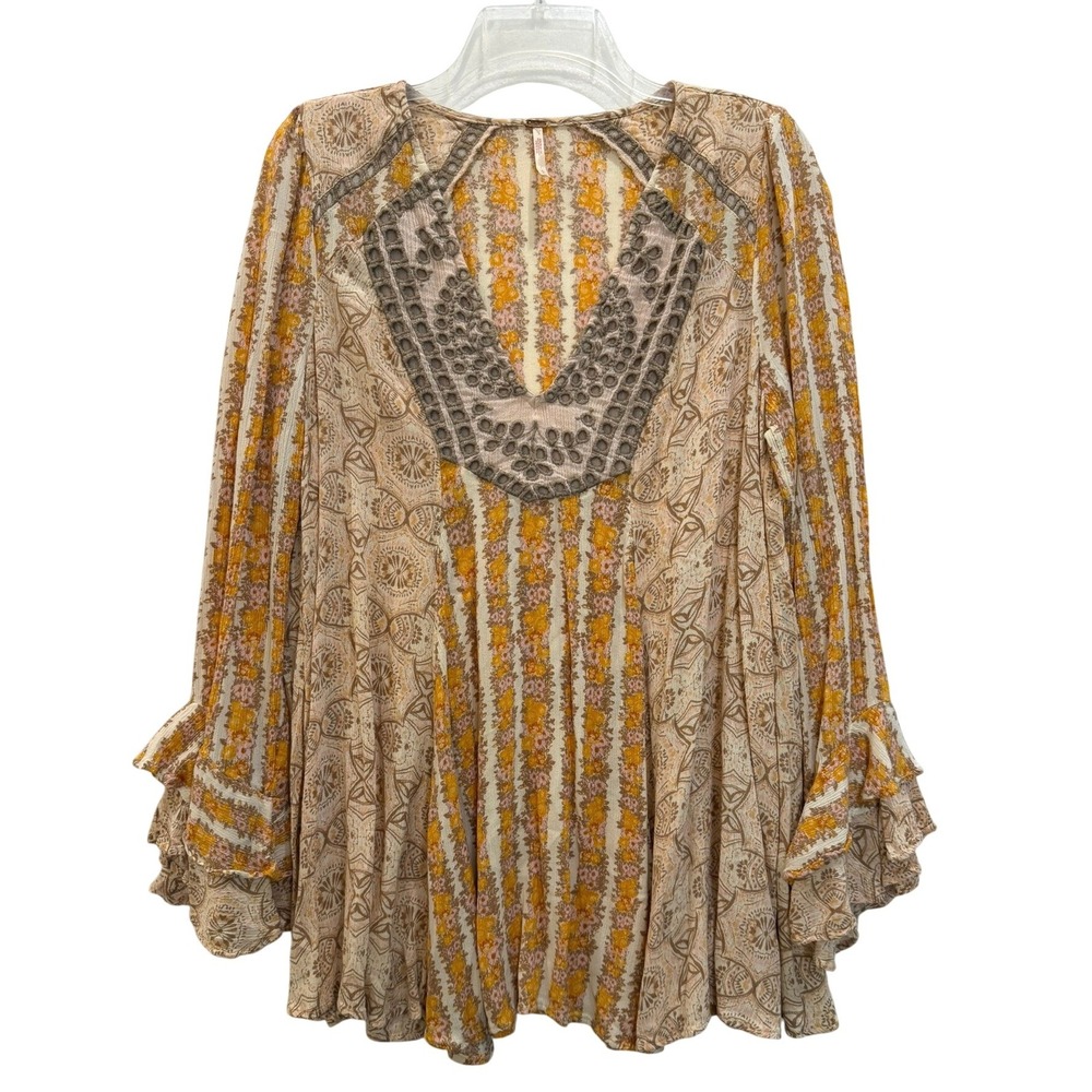 Free People Mixed Floral Paisley Embroidered Ruffle Bell Sleeve Tunic Top Small